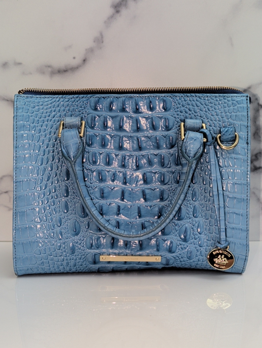 Brahmin Blue Croc-Embossed Leather Satchel